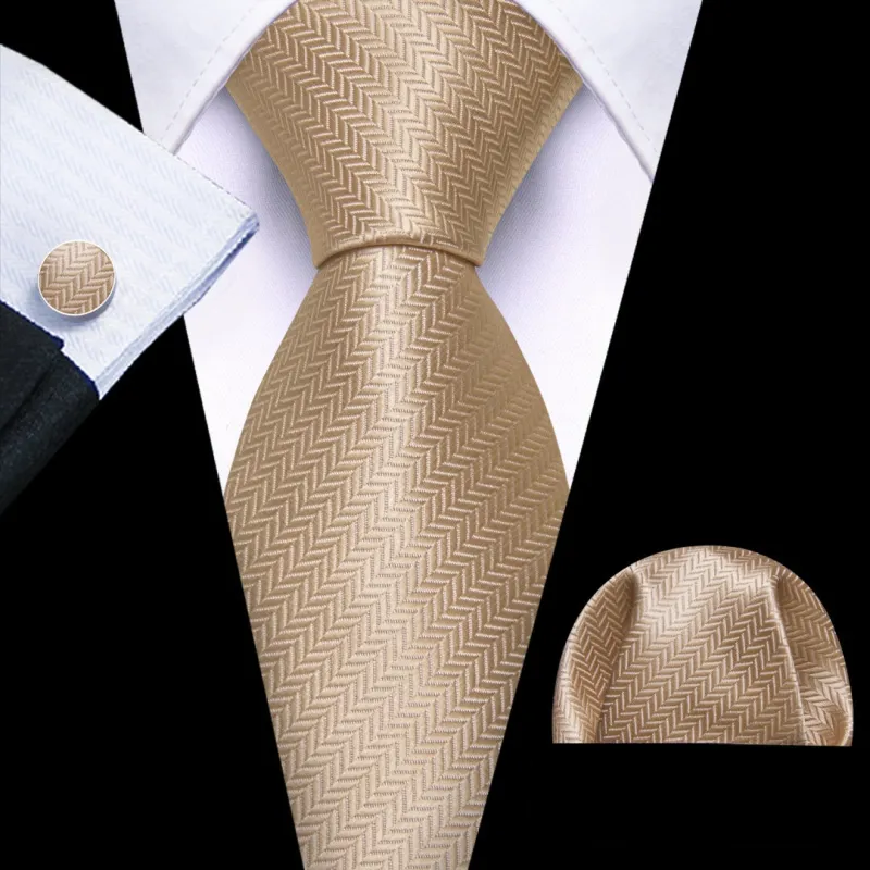 Barry.Wang Men's Tie Set Tan Solid Necktie Pocket Square Cufflinks sold by Barrywang