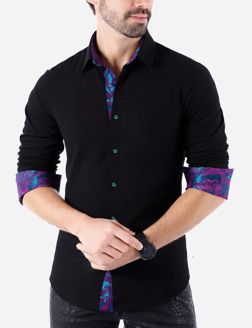 Barry Wang Black Blue Patchwork Long Sleeve Button Down Dress Shirt (Copy) sold by Barrywang product image thumbnail 2
