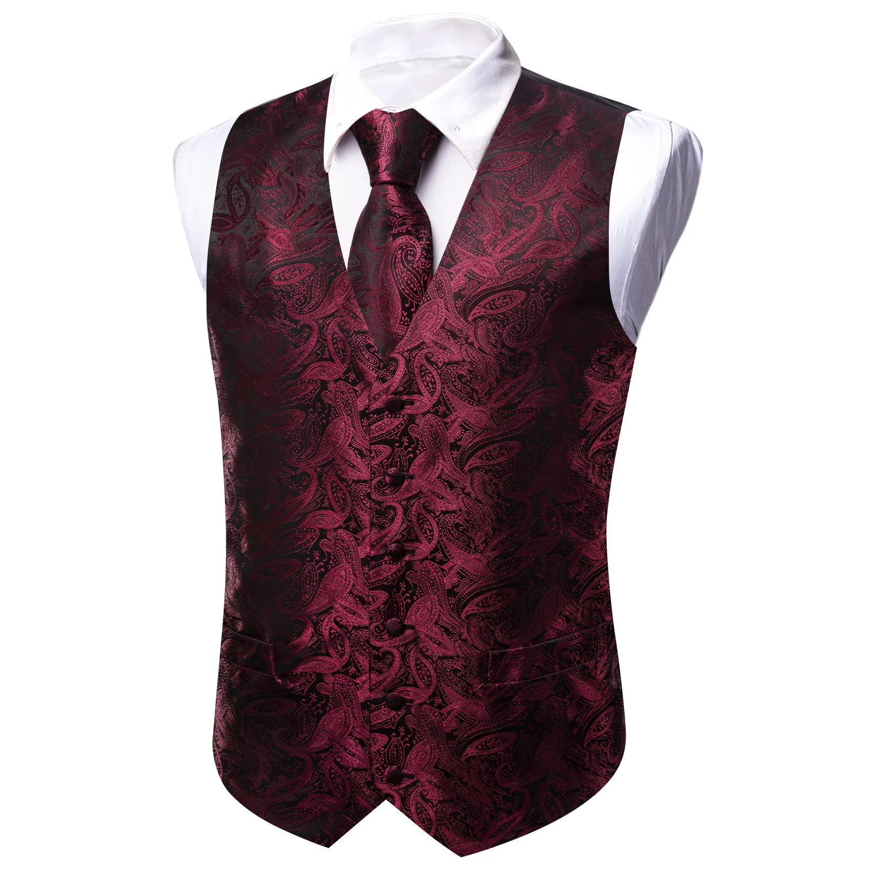Barry Wang Burgundy Black Paisley Silk Vest Tie Set sold by Barrywang product image thumbnail 5