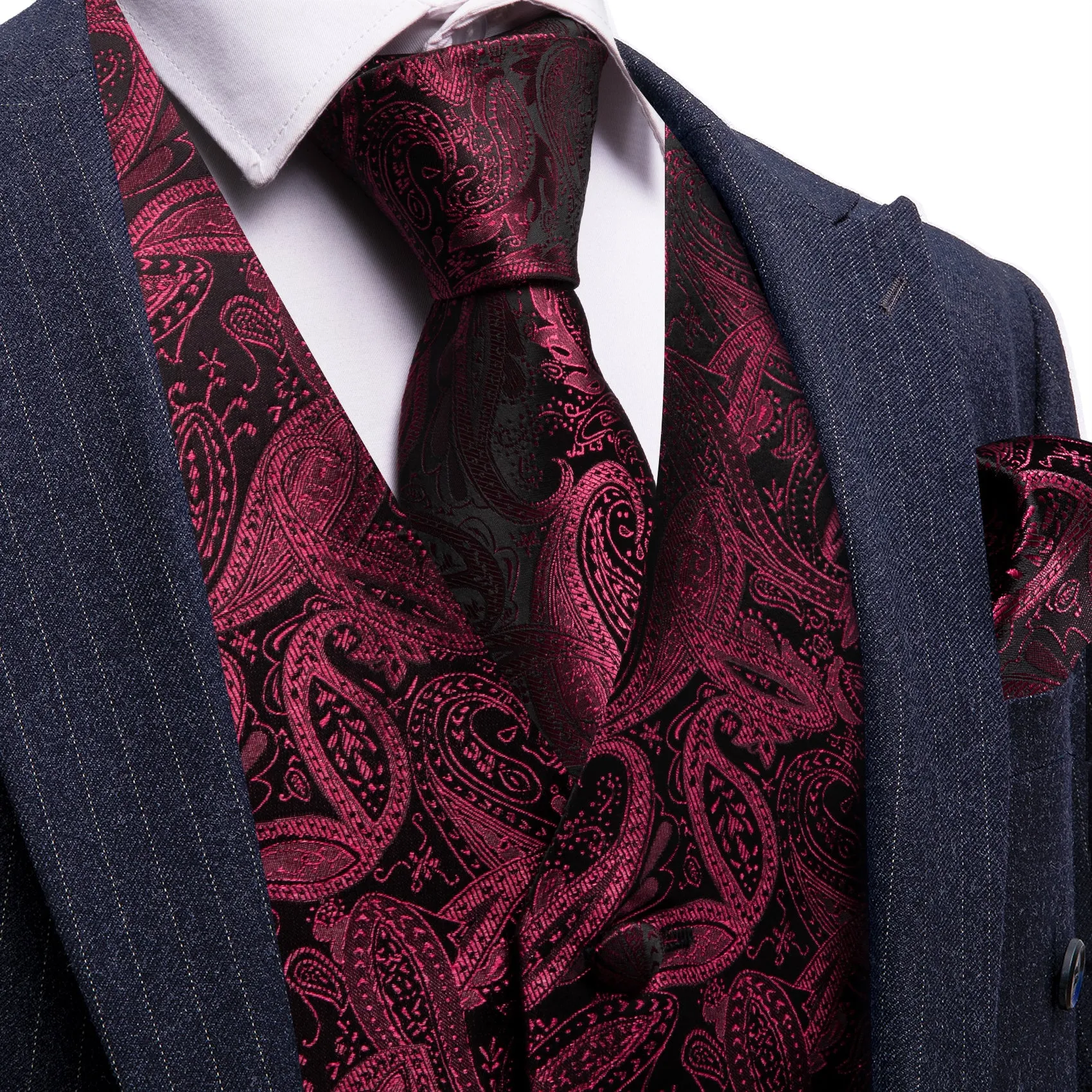 Barry Wang Burgundy Black Paisley Silk Vest Tie Set sold by Barrywang