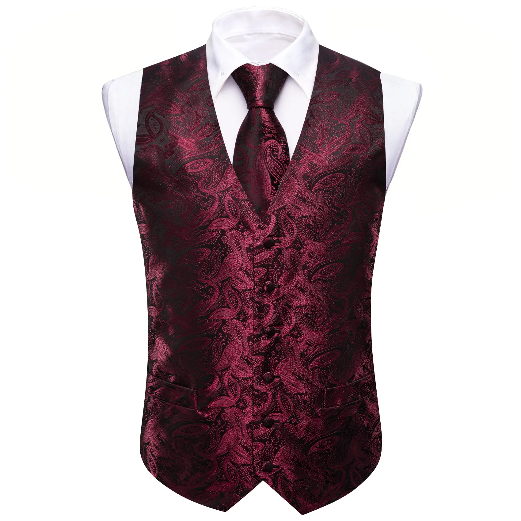 Barry Wang Burgundy Black Paisley Silk Vest Tie Set sold by Barrywang product image thumbnail 4