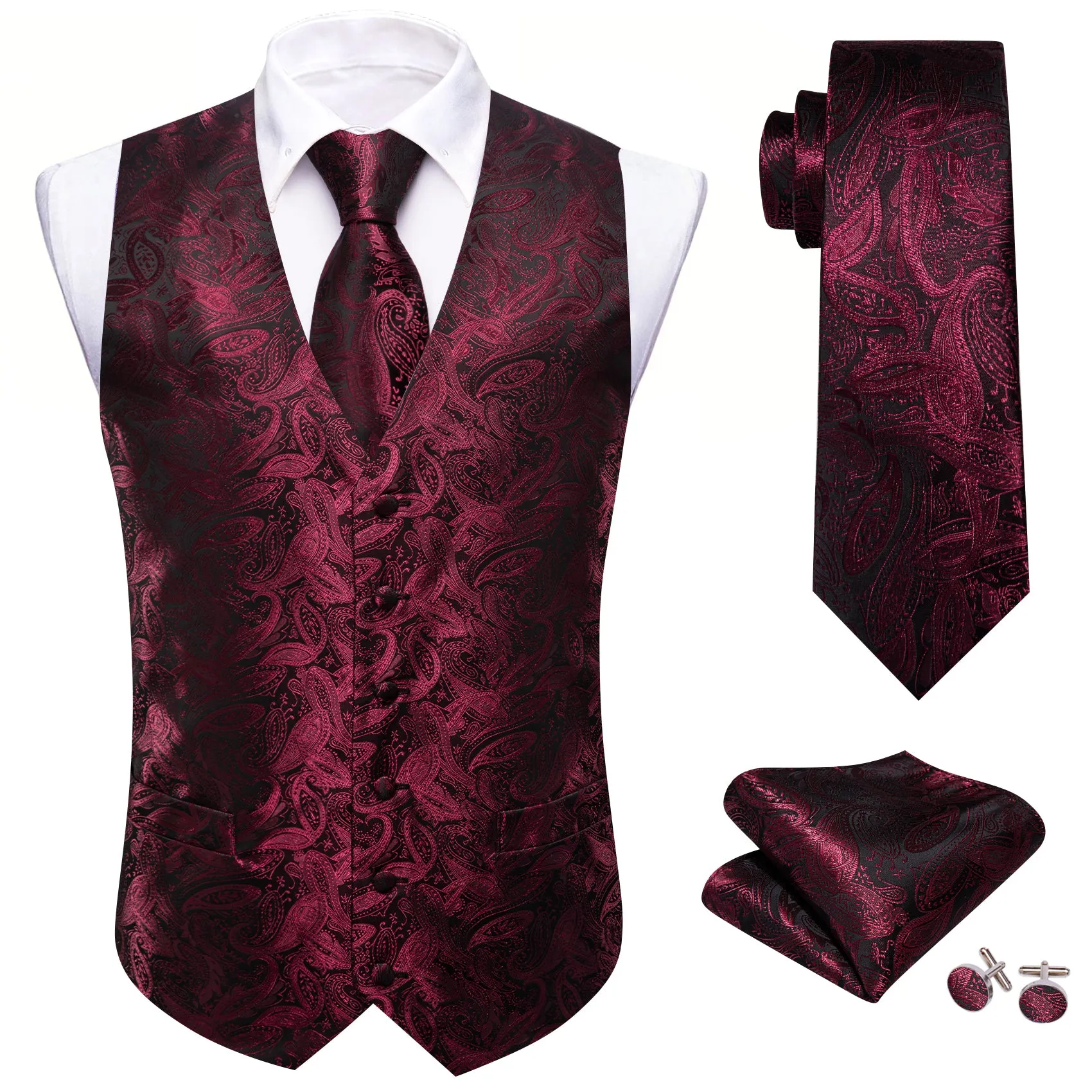 Barry Wang Burgundy Black Paisley Silk Vest Tie Set sold by Barrywang product image thumbnail 2
