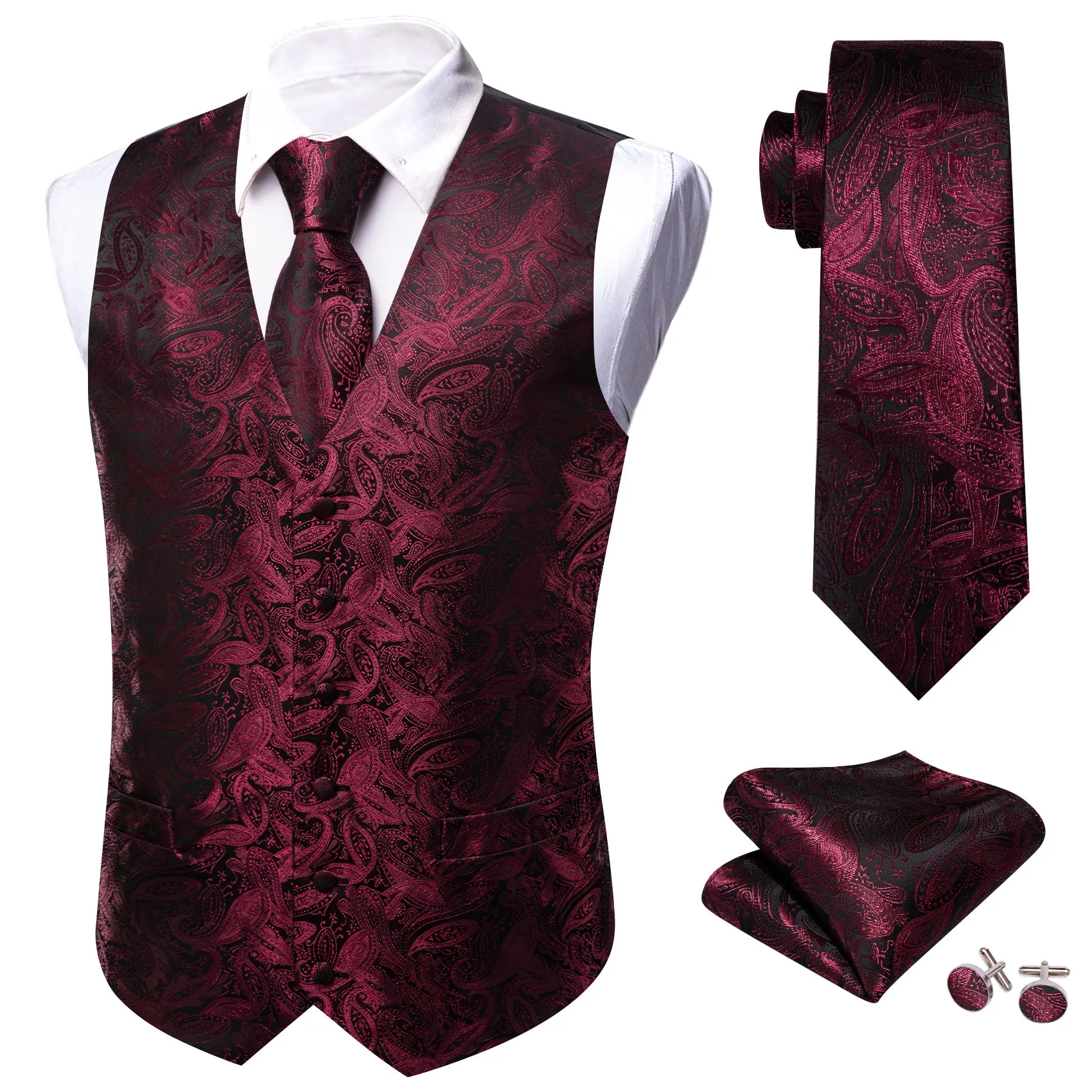 Barry Wang Burgundy Black Paisley Silk Vest Tie Set sold by Barrywang product image thumbnail 3