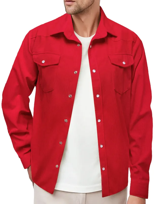 Barry Wang Men's Ruby Red Long Sleeve Shirt Button Down Solid Corduroy Dress Shirt sold by Barrywang