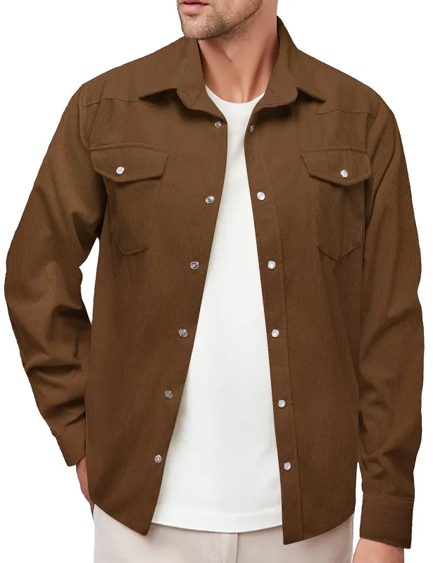 Barry Wang Men's Button Down Shirt Chocolate Brown Solid Corduroy  Long Sleeve Jacket with Flap Pockets sold by Barrywang