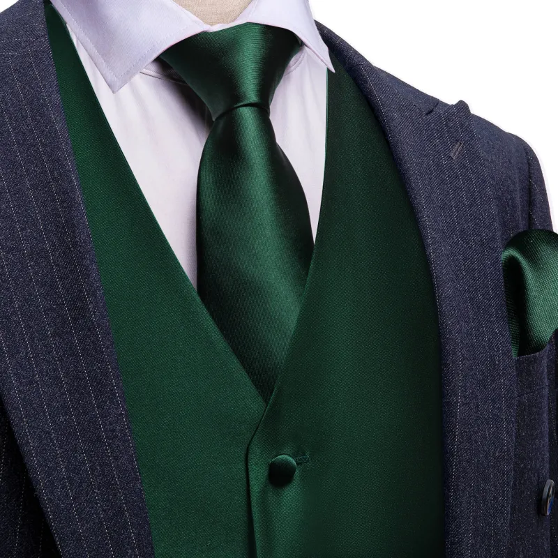 Barry. Wang Mens Solid Dark Green V-Neck Silk Vest Necktie Bowtie Hanky Cufflinks Set made by Barrywang