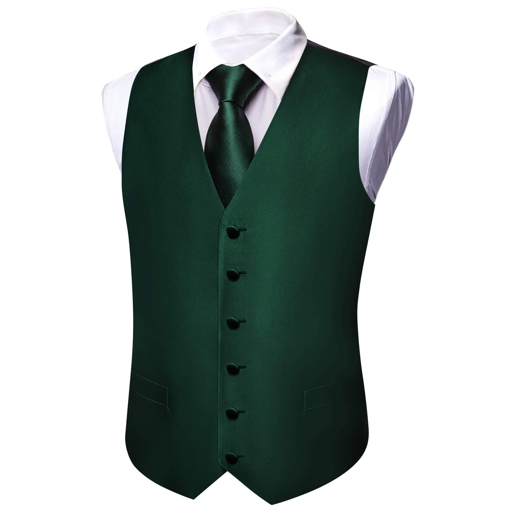 Barry. Wang Mens Solid Dark Green V-Neck Silk Vest Necktie Bowtie Hanky Cufflinks Set sold by Barrywang product image thumbnail 4