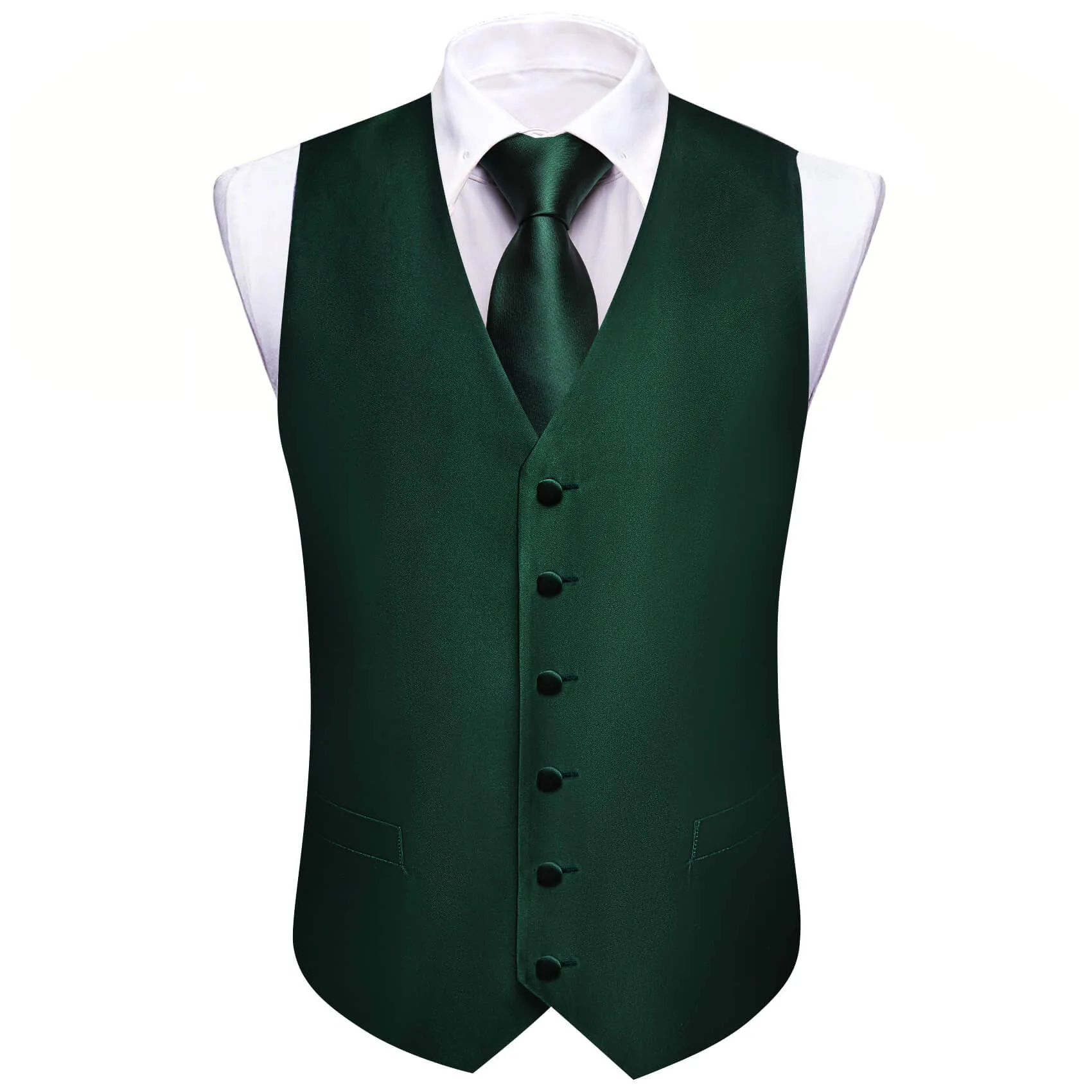Barry. Wang Mens Solid Dark Green V-Neck Silk Vest Necktie Bowtie Hanky Cufflinks Set sold by Barrywang product image thumbnail 3
