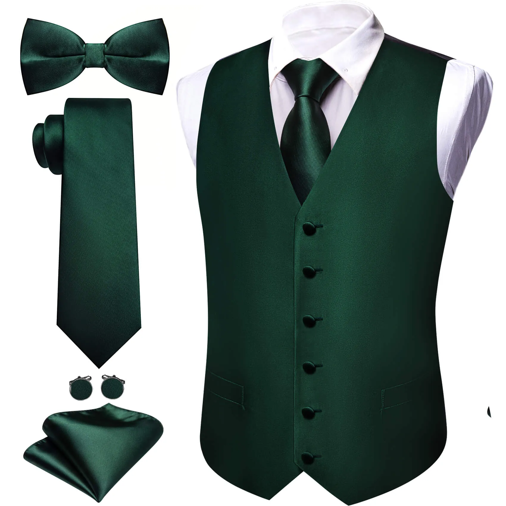 Barry. Wang Mens Solid Dark Green V-Neck Silk Vest Necktie Bowtie Hanky Cufflinks Set sold by Barrywang product image thumbnail 2