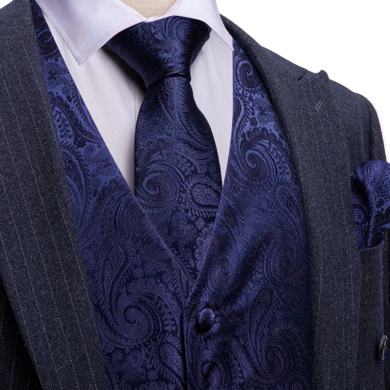 Barry. Wang Midnight Blue Paisley Silk V-Neck Silk Vest Necktie Bowtie Set for Wedding Party sold by Barrywang