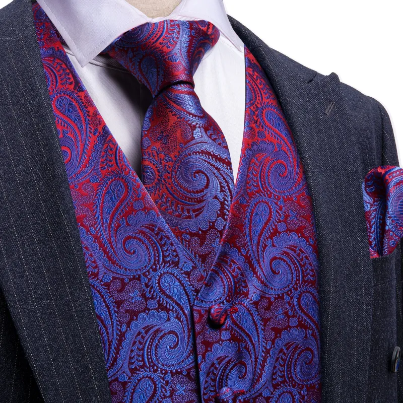 Barry. Wang Men's Red Royal Blue Paisley V-Neck Silk Vest Waistcoat Set sold by Barrywang