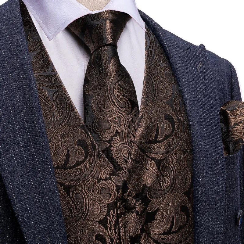 Barry. Wang Black Brown Paisley Floral Silk V-neck Vest Necktie Bowties Hanky Cufflinks Set For Wedding Party made by Barrywang