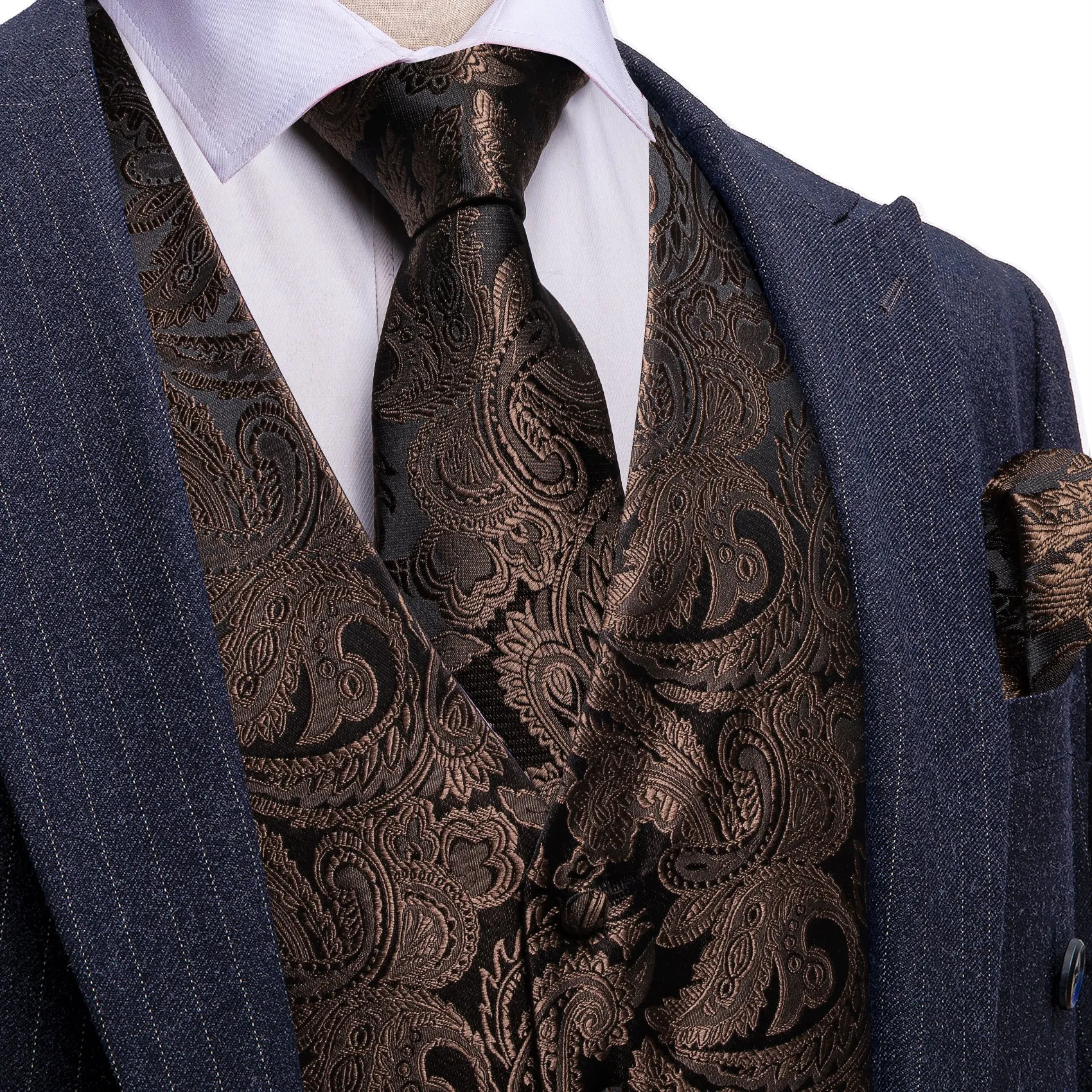 Barry. Wang Black Brown Paisley Floral Silk V-neck Vest Necktie Bowties Hanky Cufflinks Set For Wedding Party sold by Barrywang