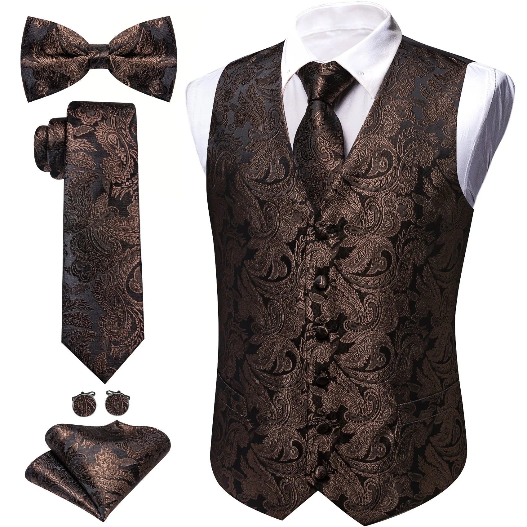 Barry. Wang Black Brown Paisley Floral Silk V-neck Vest Necktie Bowties Hanky Cufflinks Set For Wedding Party sold by Barrywang product image thumbnail 2