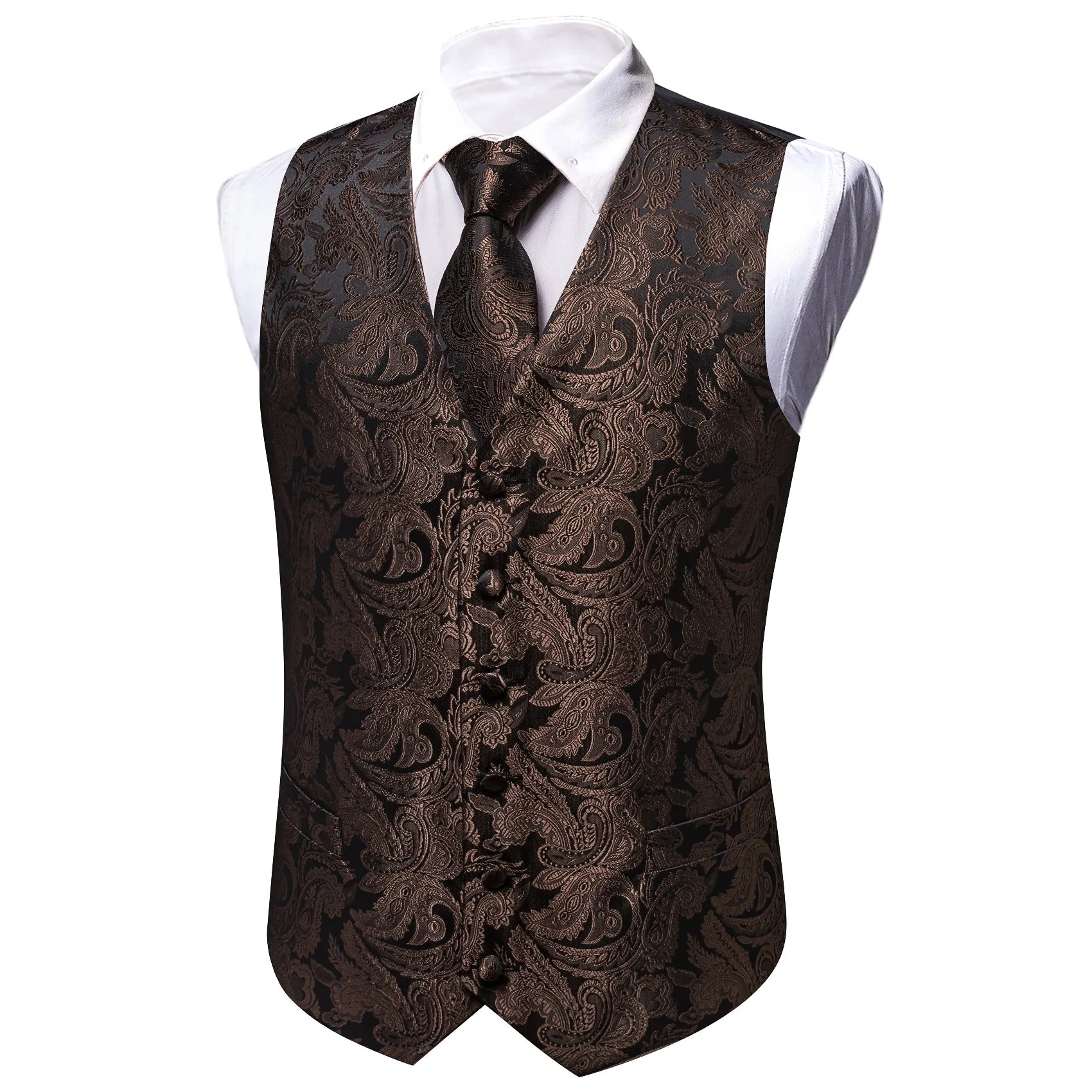 Barry. Wang Black Brown Paisley Floral Silk V-neck Vest Necktie Bowties Hanky Cufflinks Set For Wedding Party sold by Barrywang product image thumbnail 4