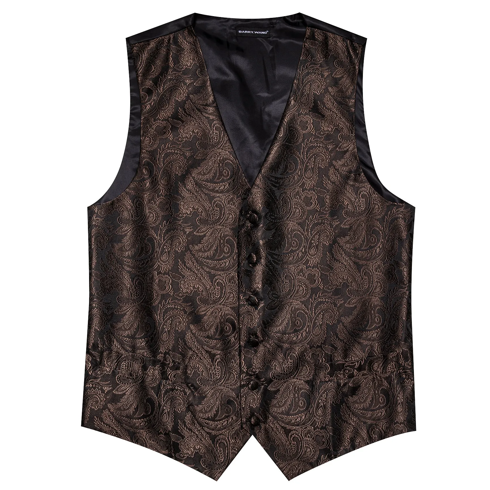 Barry. Wang Black Brown Paisley Floral Silk V-neck Vest Necktie Bowties Hanky Cufflinks Set For Wedding Party sold by Barrywang product image thumbnail 5