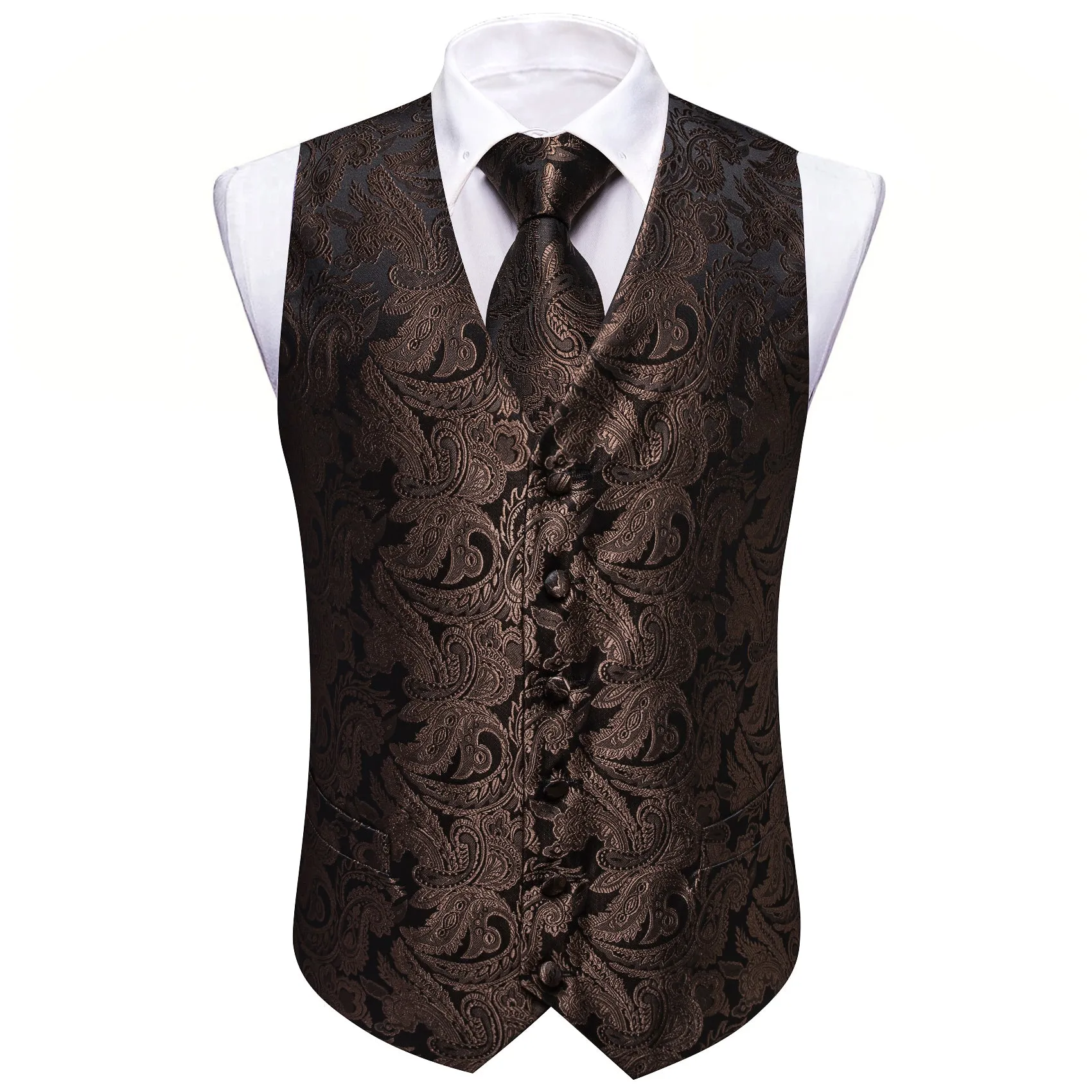 Barry. Wang Black Brown Paisley Floral Silk V-neck Vest Necktie Bowties Hanky Cufflinks Set For Wedding Party sold by Barrywang product image thumbnail 3