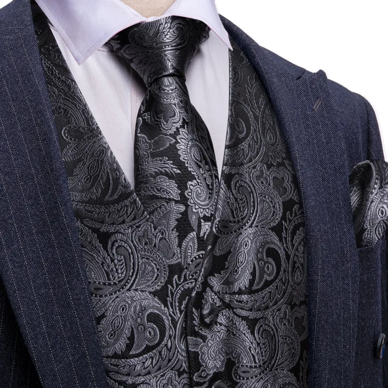 Barry. Wang Black Sliver Paisley Floral Silk V-neck Vest Necktie Bowties Hanky Cufflinks Set For Wedding Party made by Barrywang