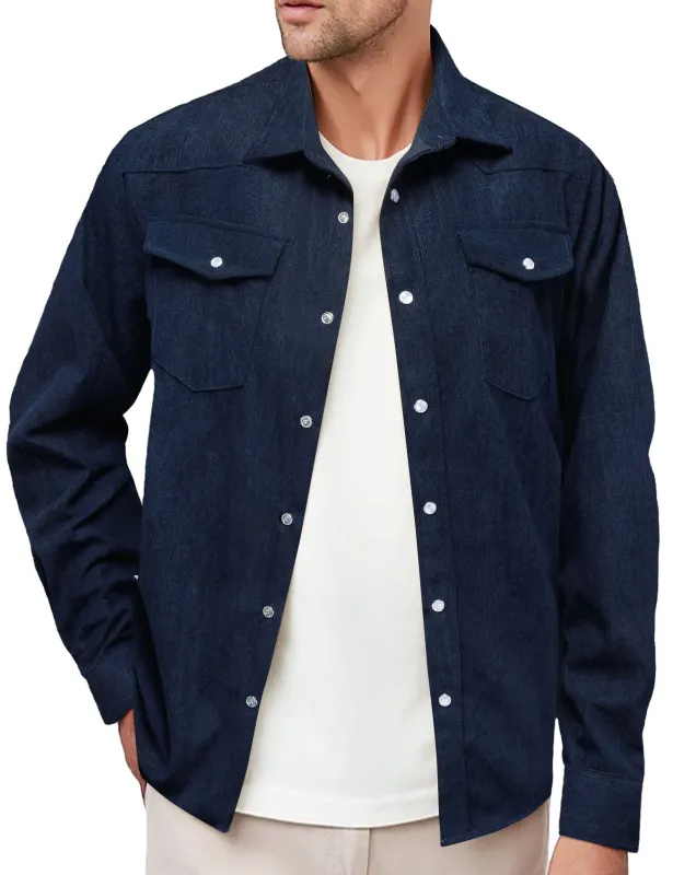 Barry. Wang Men's Dark Blue Corduroy Button Down Shirts Casual Long Sleeve Shacket Jacket sold by Barrywang