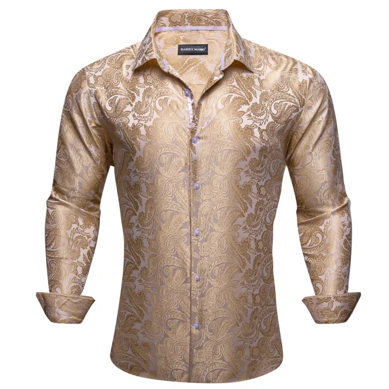 Barry. Wang Mens Western Shirts Silk Champagne Paisley Long Sleeve Button Down Dress Shirt sold by Barrywang