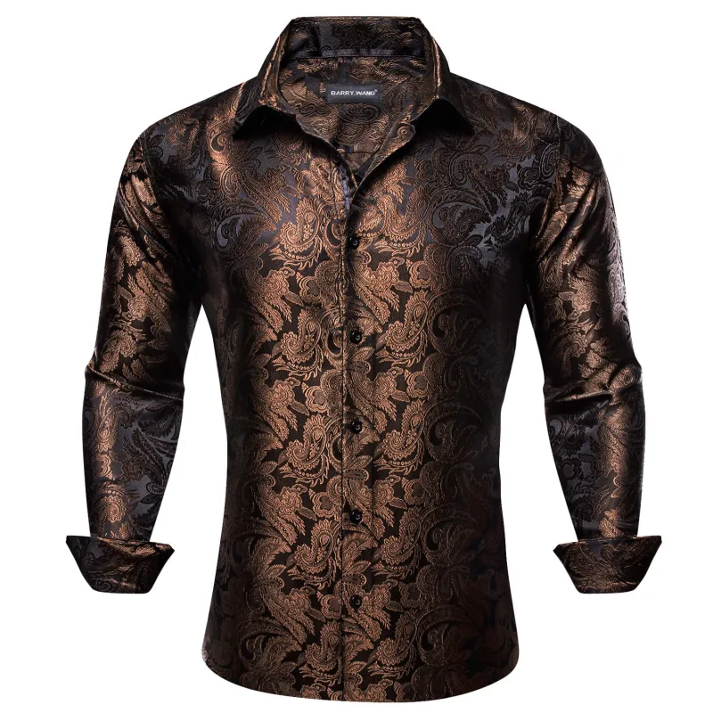 Barry. Wang Long Sleeve Shirt Dark Brown Paisley Silk Shirt for Men sold by Barrywang