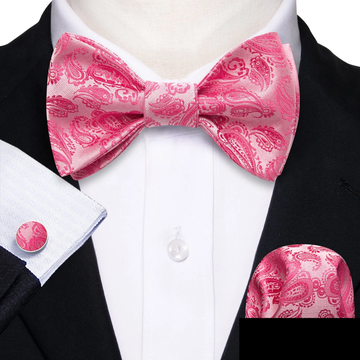 Hot Pink Paisley Silk Bow Tie Hanky Cufflinks Set Flash Sale sold by Barrywang product image thumbnail 3