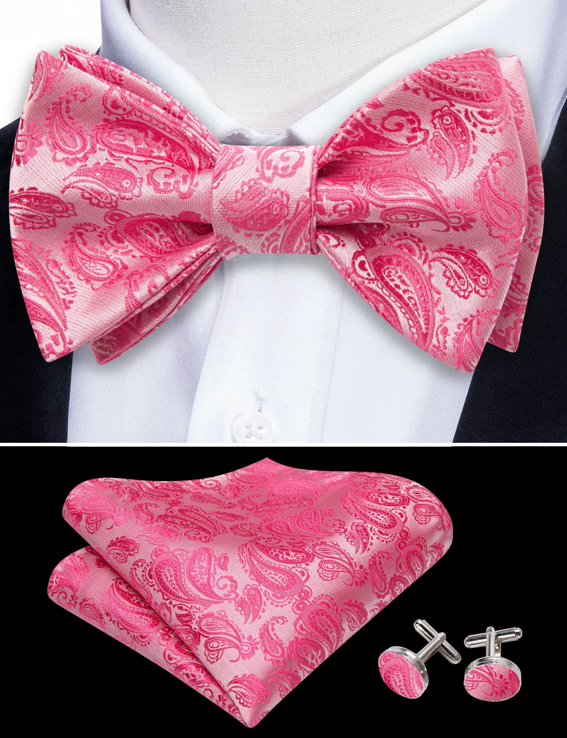 Hot Pink Paisley Silk Bow Tie Hanky Cufflinks Set Flash Sale sold by Barrywang