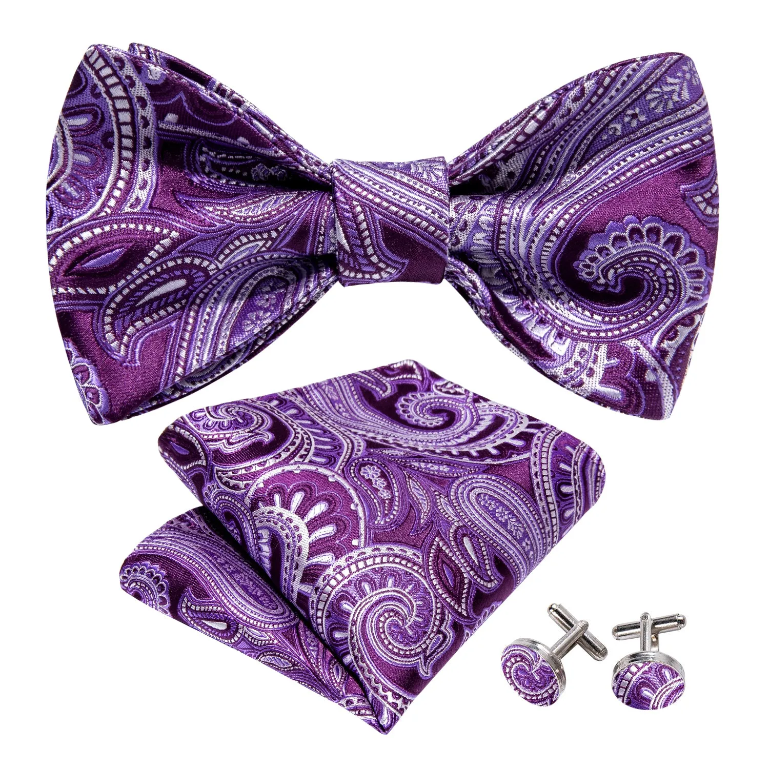 Barry.wang Purple Tie Paisley Self Tie Bow Tie Hanky Cufflinks Set Classic Hot sold by Barrywang product image thumbnail 2
