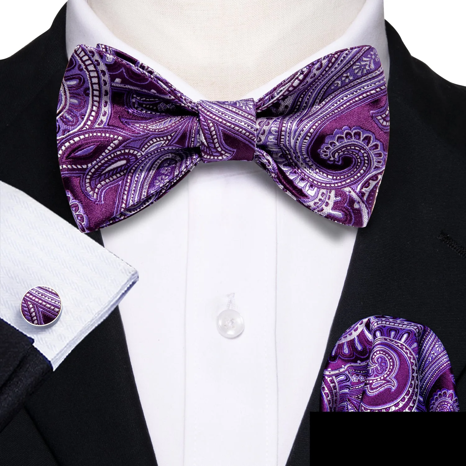Barry.wang Purple Tie Paisley Self Tie Bow Tie Hanky Cufflinks Set Classic Hot sold by Barrywang product image thumbnail 3