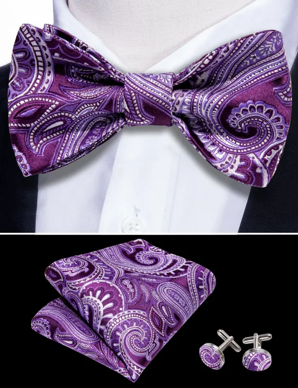 Barry.wang Purple Tie Paisley Self Tie Bow Tie Hanky Cufflinks Set Classic Hot made by Barrywang