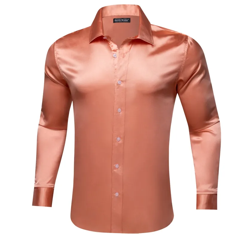 Barry.wang Button Down Shirt Coral Solid Silk Men's Long Sleeve Shirt Flash Sale sold by Barrywang