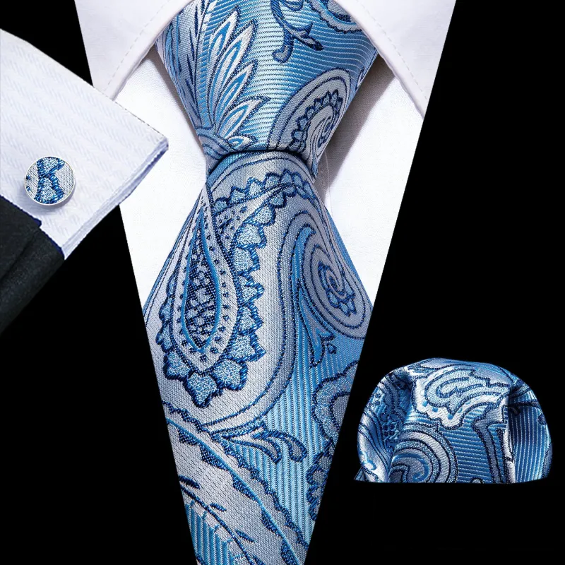 Blue Silver Paisley Silk Tie Handkerchief Cufflinks Set sold by Barrywang