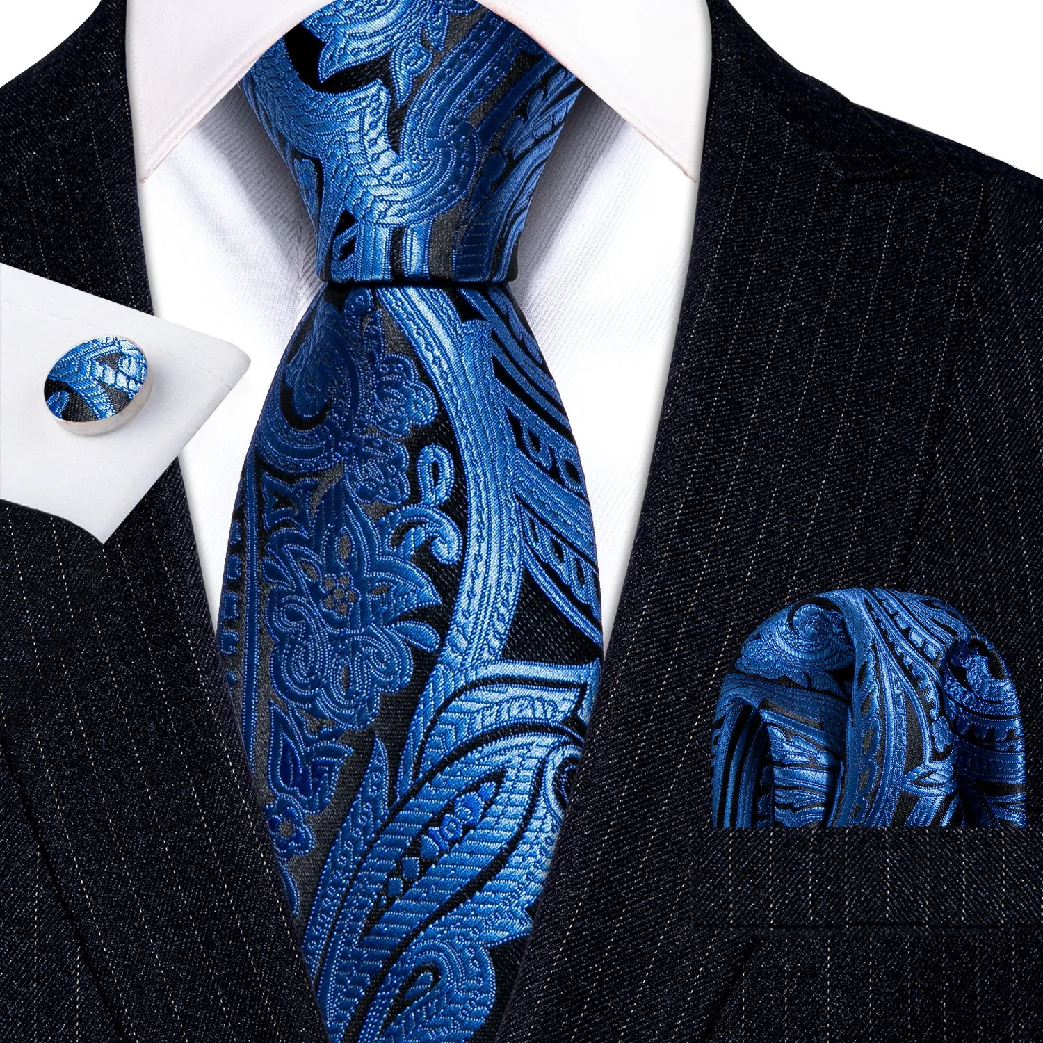 Deep Blue Paisley Silk Tie Hanky Cufflinks Set Flash Sale sold by Barrywang product image thumbnail 3