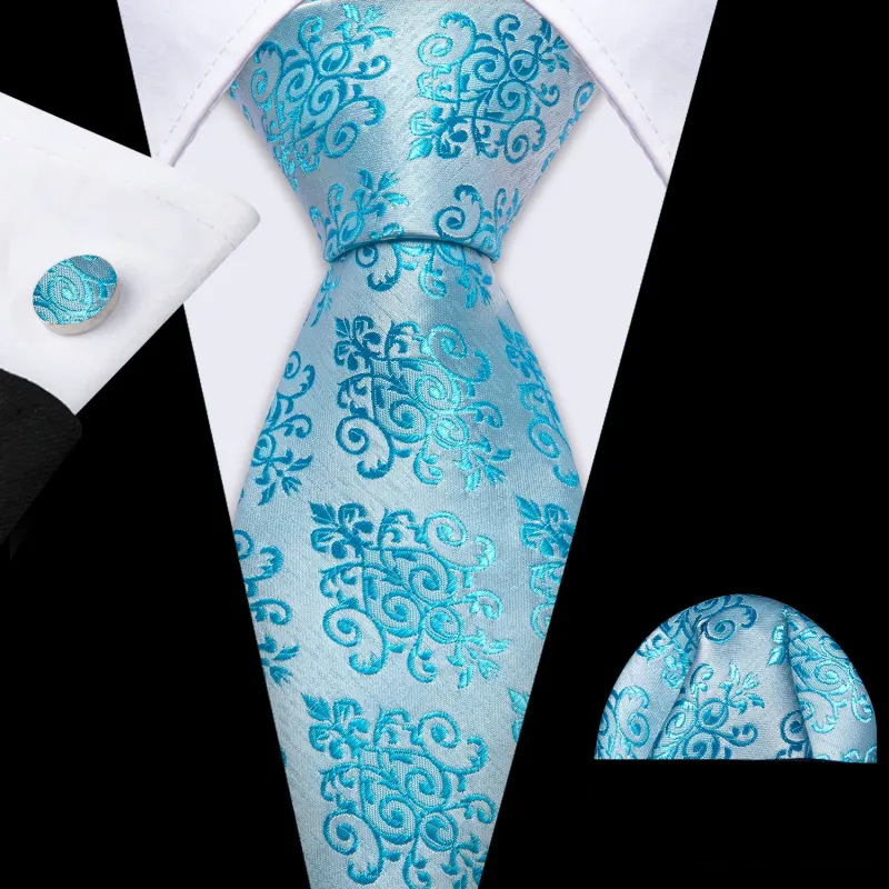 Barry Wang Seafoam Floral Silk Men Necktie Handkerchief Cufflinks Set Flash Sale sold by Barrywang