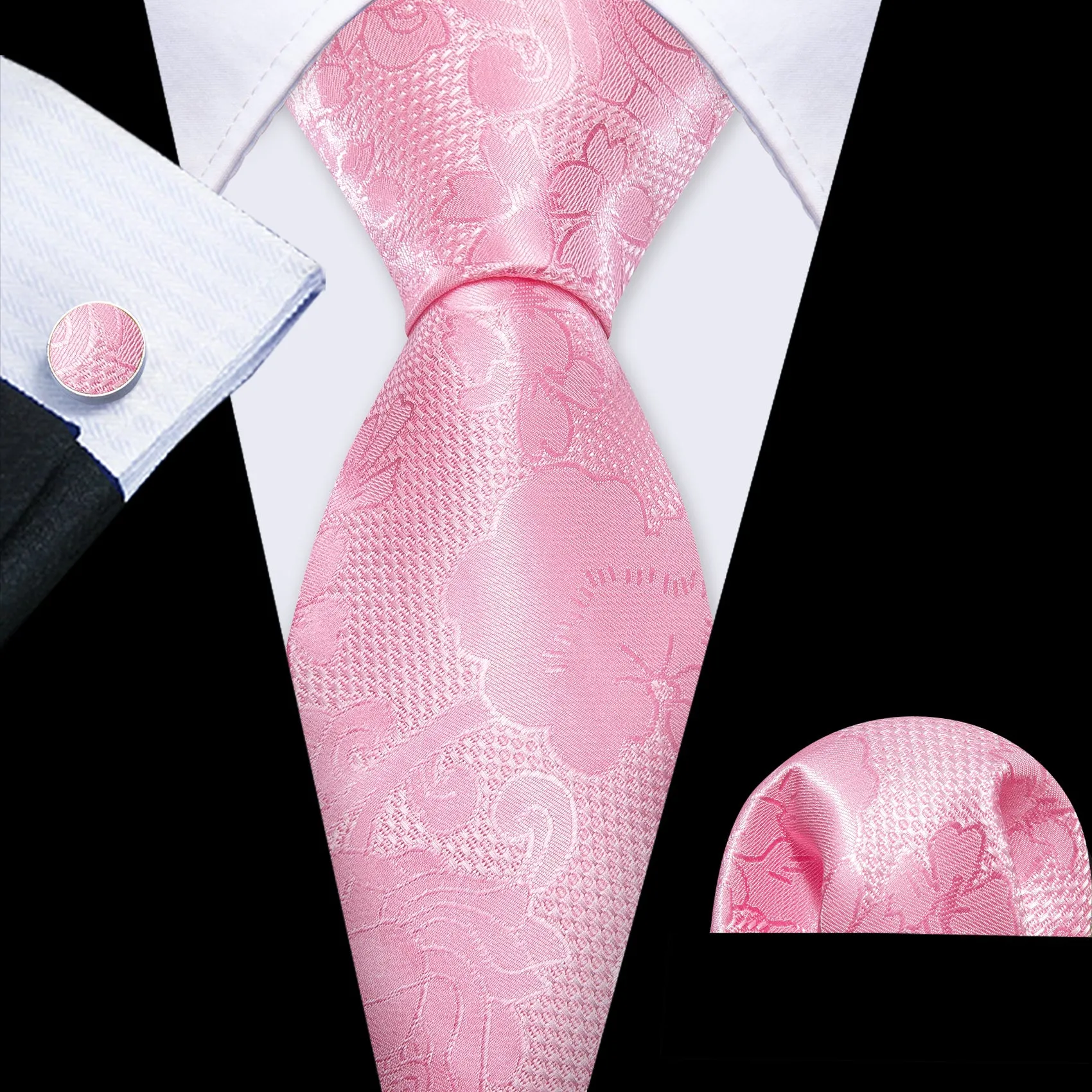 Barry Wang Ties Bright Pink Flower Silk Tie Handkerchief Cufflinks Set Flash Sale sold by Barrywang