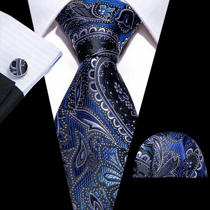 Barry Wang Formal Blue Men Paisley Silk Necktie Hanky Cufflinks Set sold by Barrywang