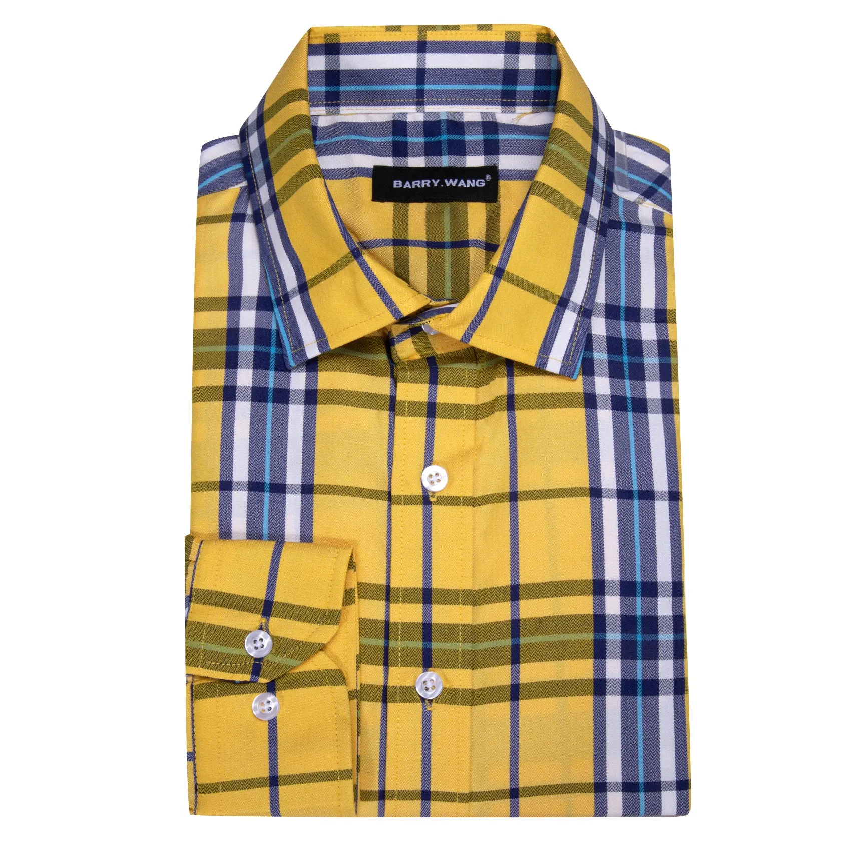 Barry.Wang Casual Yellow Blue Checkered Plaid Men's Shirt sold by Barrywang product image thumbnail 4