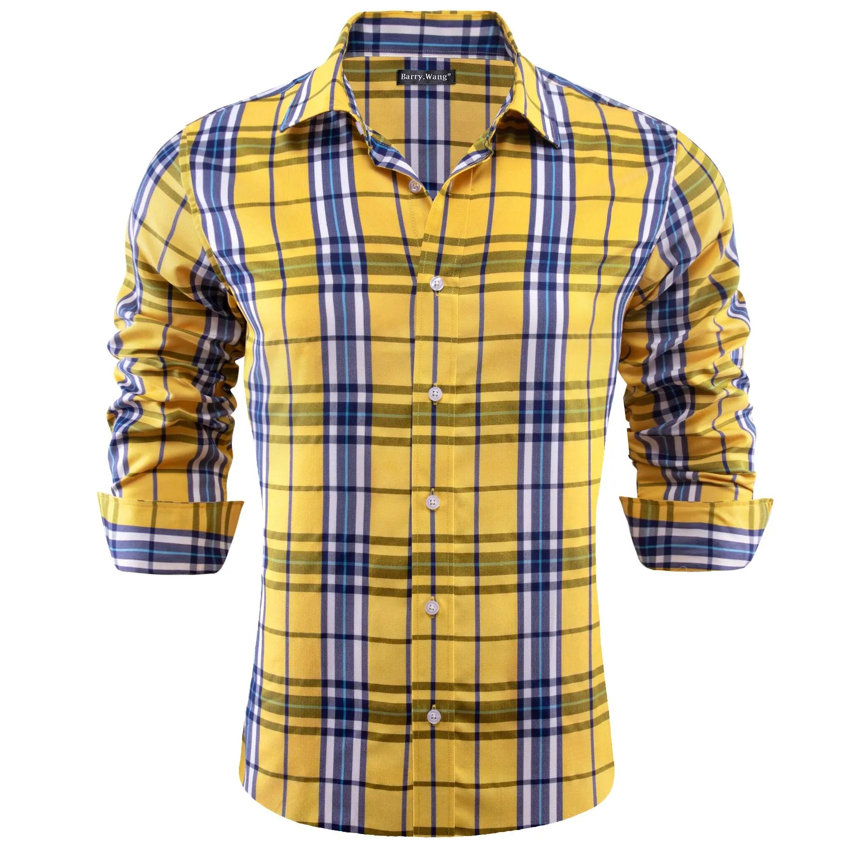 Barry.Wang Casual Yellow Blue Checkered Plaid Men's Shirt sold by Barrywang product image thumbnail 3