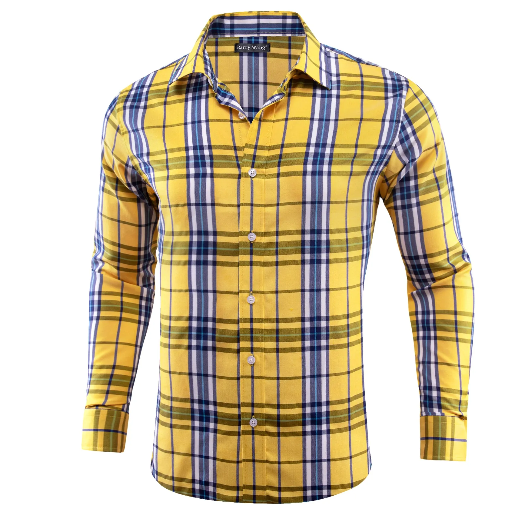 Barry.Wang Casual Yellow Blue Checkered Plaid Men's Shirt sold by Barrywang product image thumbnail 2