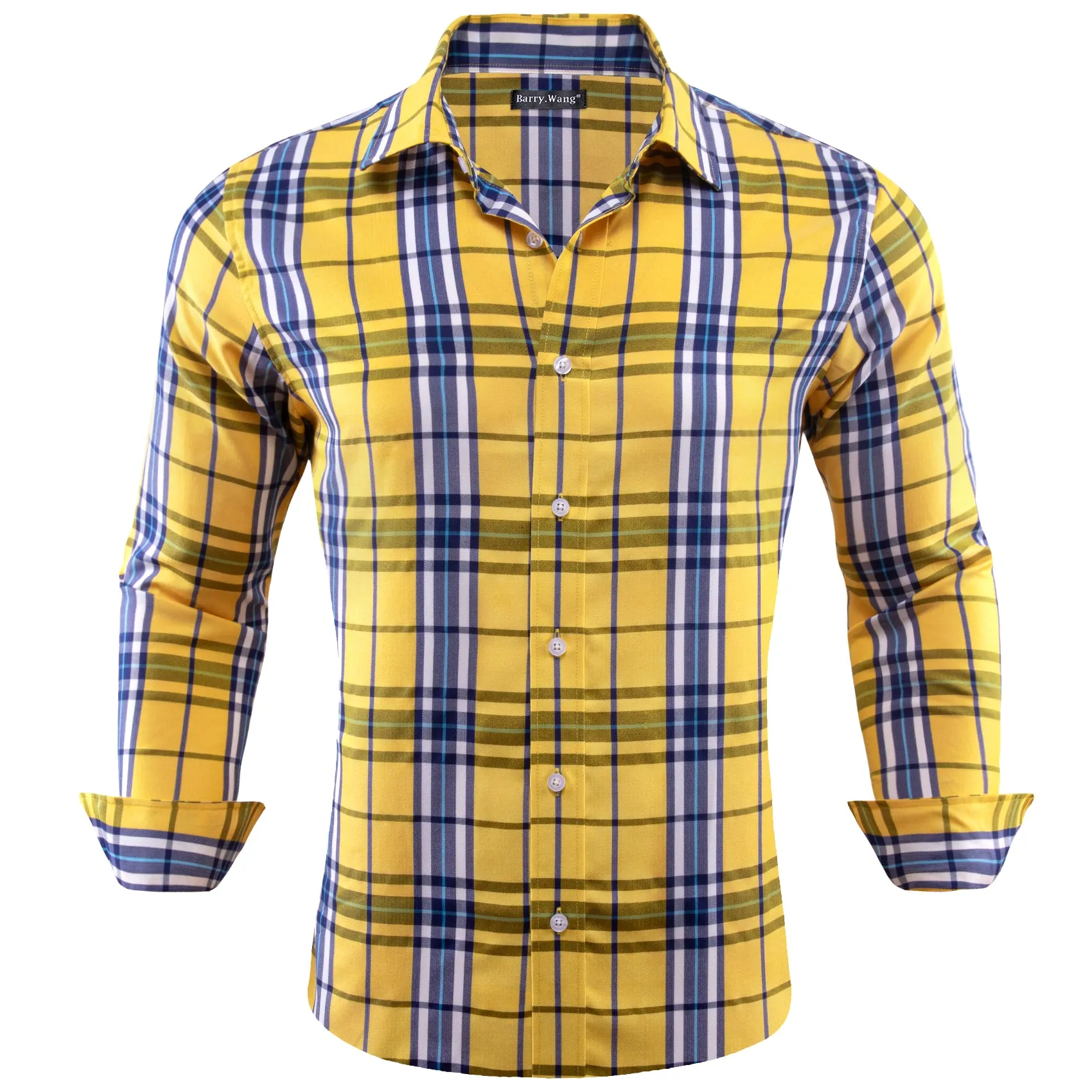 Barry.Wang Casual Yellow Blue Checkered Plaid Men's Shirt sold by Barrywang