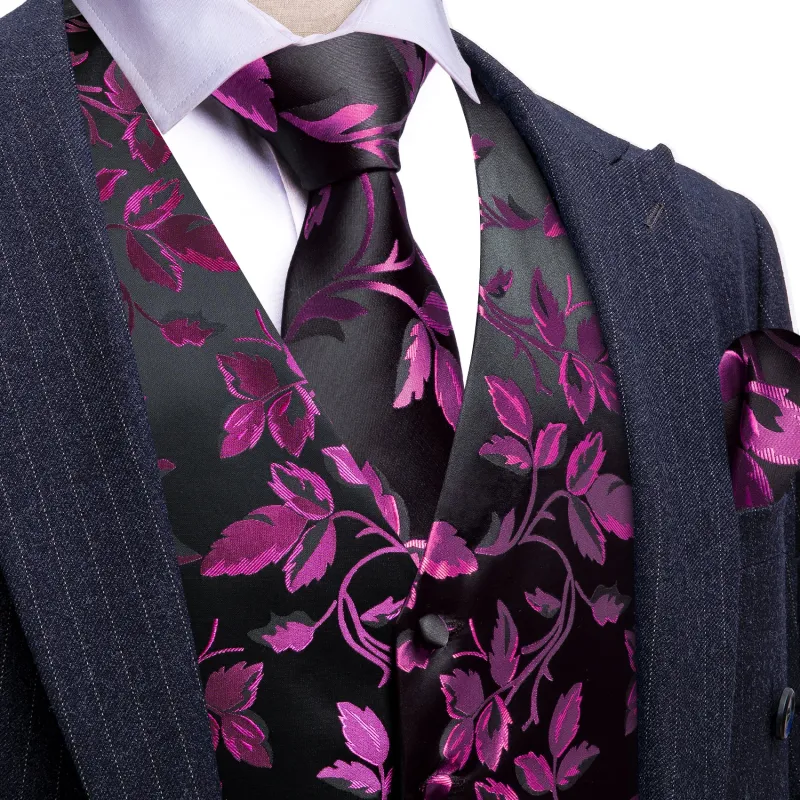 Barry.Wang Formal Men Dress Vest Black Purple Floral Jacquard Silk Tie Suit Waistcoat Set Wedding or Party sold by Barrywang