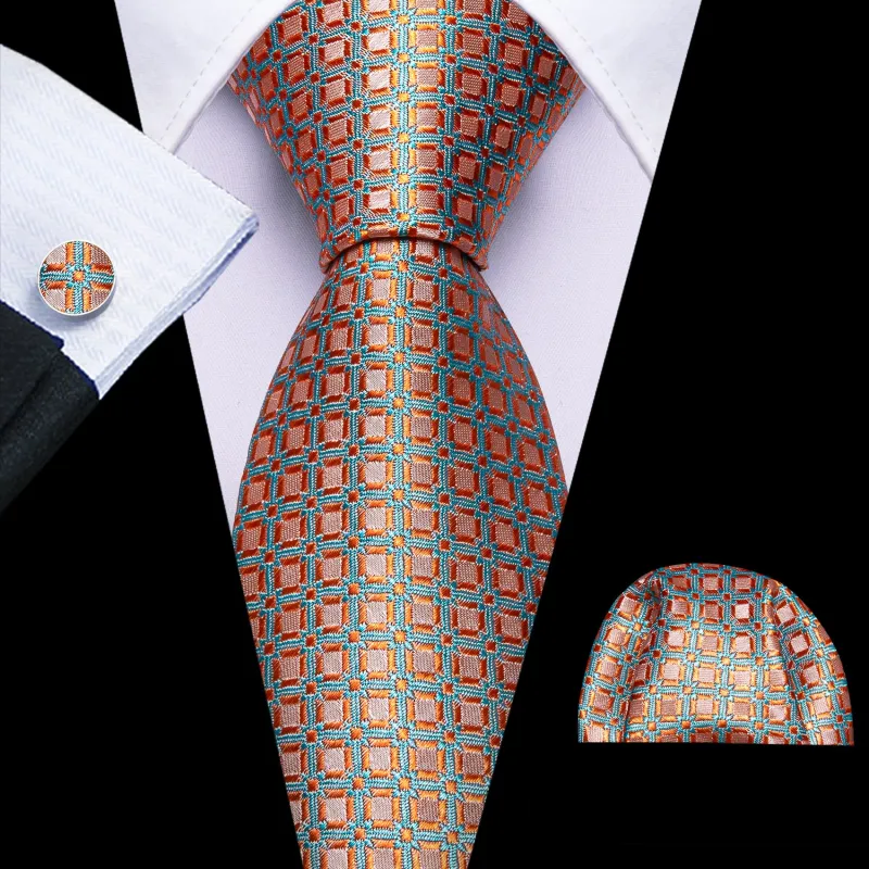 Barry Wang Light Orange Necktie Sky Blue Jacquard Geometric Men Tie Set sold by Barrywang