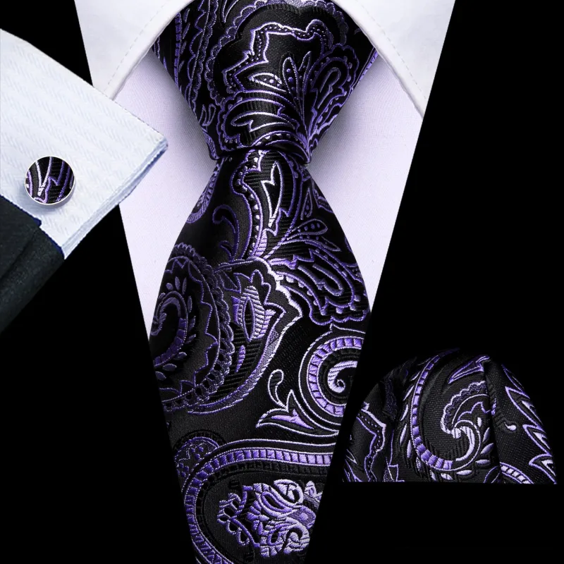 Barry Wang Men's Black Tie Purple Orchid Floral Wedding Neck Tie Set sold by Barrywang