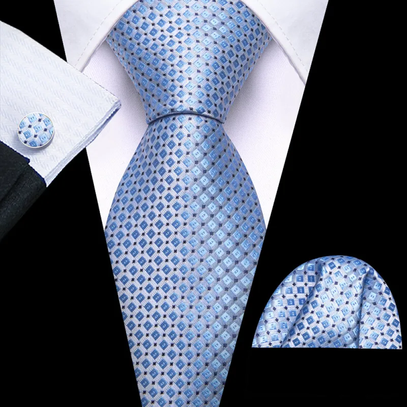 Barry Wang Royal Blue Tie Plaid Silk Tie Pocket Square Cufflinks Set for Me sold by Barrywang