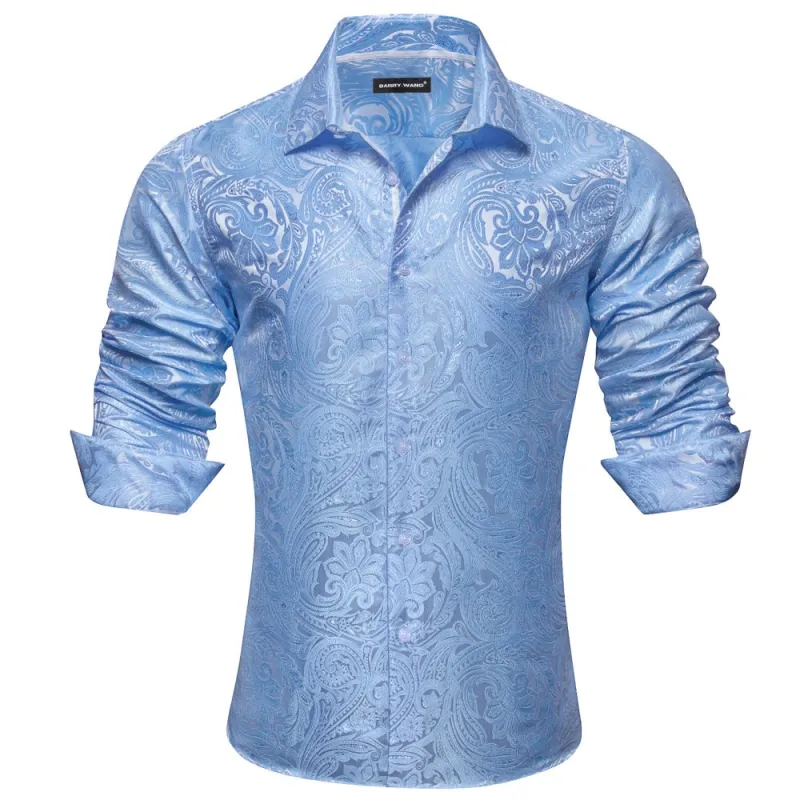 Barry. Wang Blue Shirt Paisley Silk Long Sleeve Shirt For Men sold by Barrywang