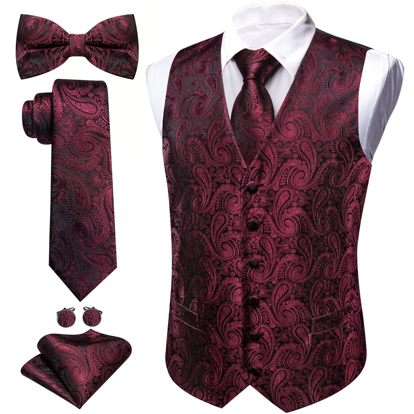Barry. Wang Men's Red Burgundy Paisley V-Neck Silk Vest Necktie Bowtie Hanky Cufflinks Set sold by Barrywang product image thumbnail 2