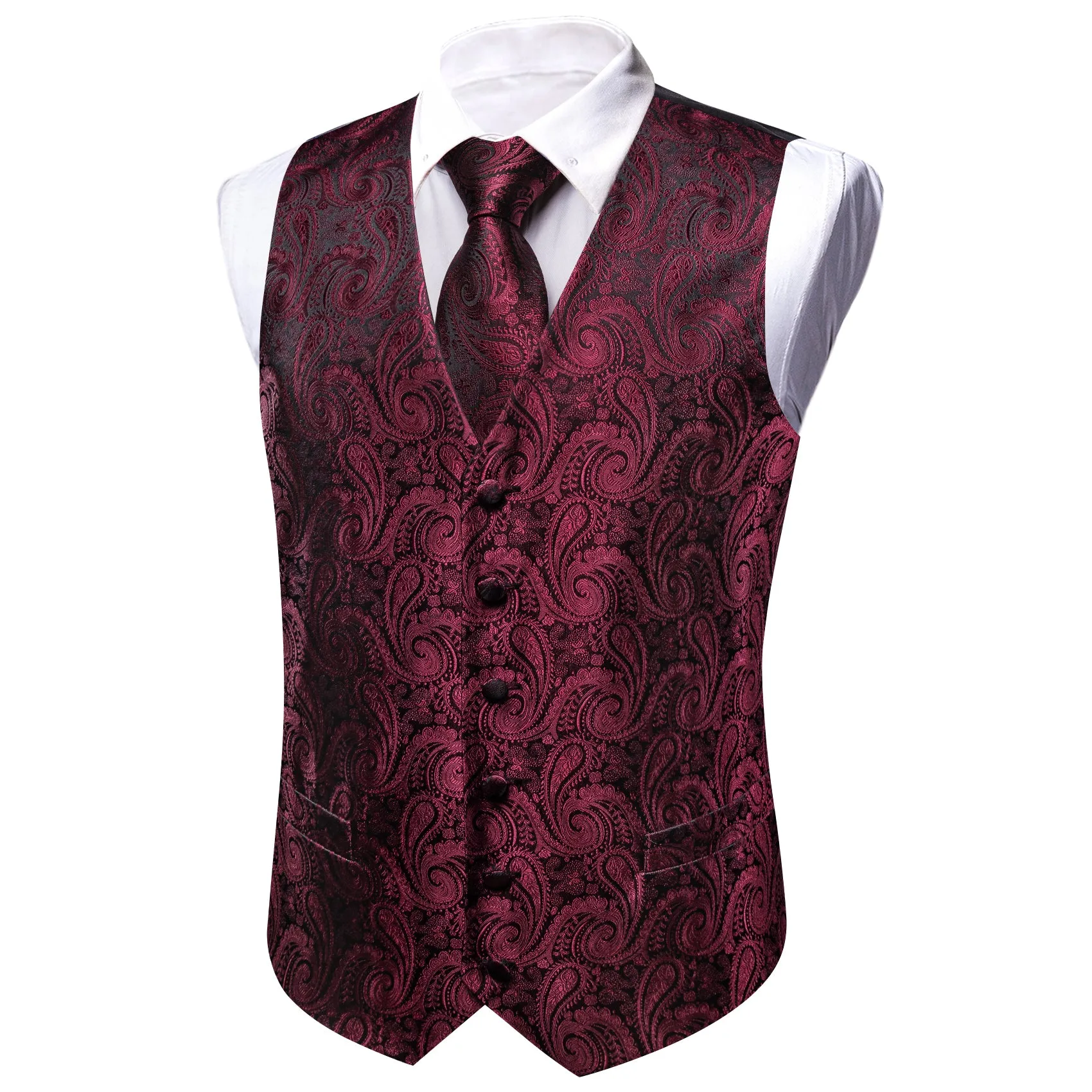 Barry. Wang Men's Red Burgundy Paisley V-Neck Silk Vest Necktie Bowtie Hanky Cufflinks Set sold by Barrywang product image thumbnail 4