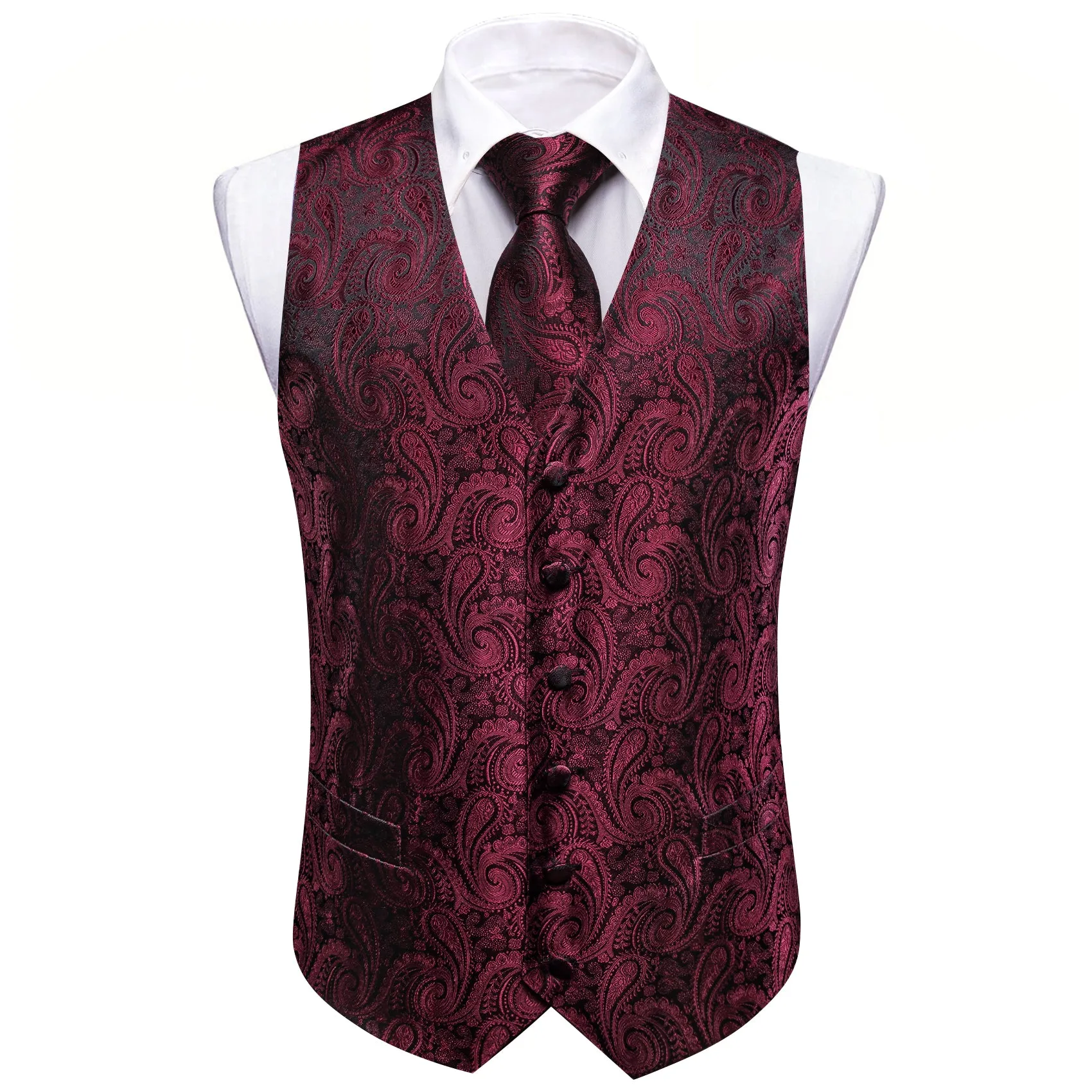 Barry. Wang Men's Red Burgundy Paisley V-Neck Silk Vest Necktie Bowtie Hanky Cufflinks Set sold by Barrywang product image thumbnail 3
