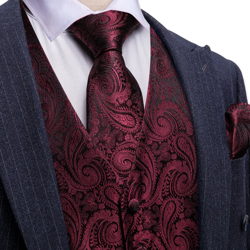 Barry. Wang Men's Red Burgundy Paisley V-Neck Silk Vest Necktie Bowtie Hanky Cufflinks Set made by Barrywang