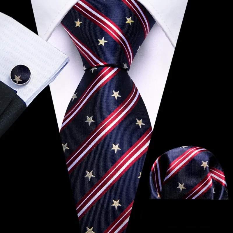 Barry Wang Navy Blue Red White Star Striped Ties Silk Men's Independence Day Tie Set sold by Barrywang